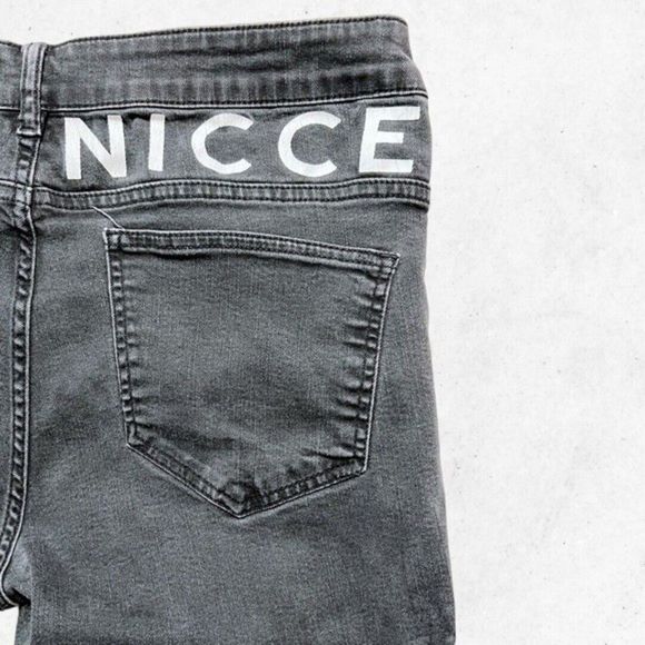 NICCE Men’s Sz L 32" Waist Washed Black Skinny Fit Jeans Back Logo RIPPED!‎ - Picture 8 of 14